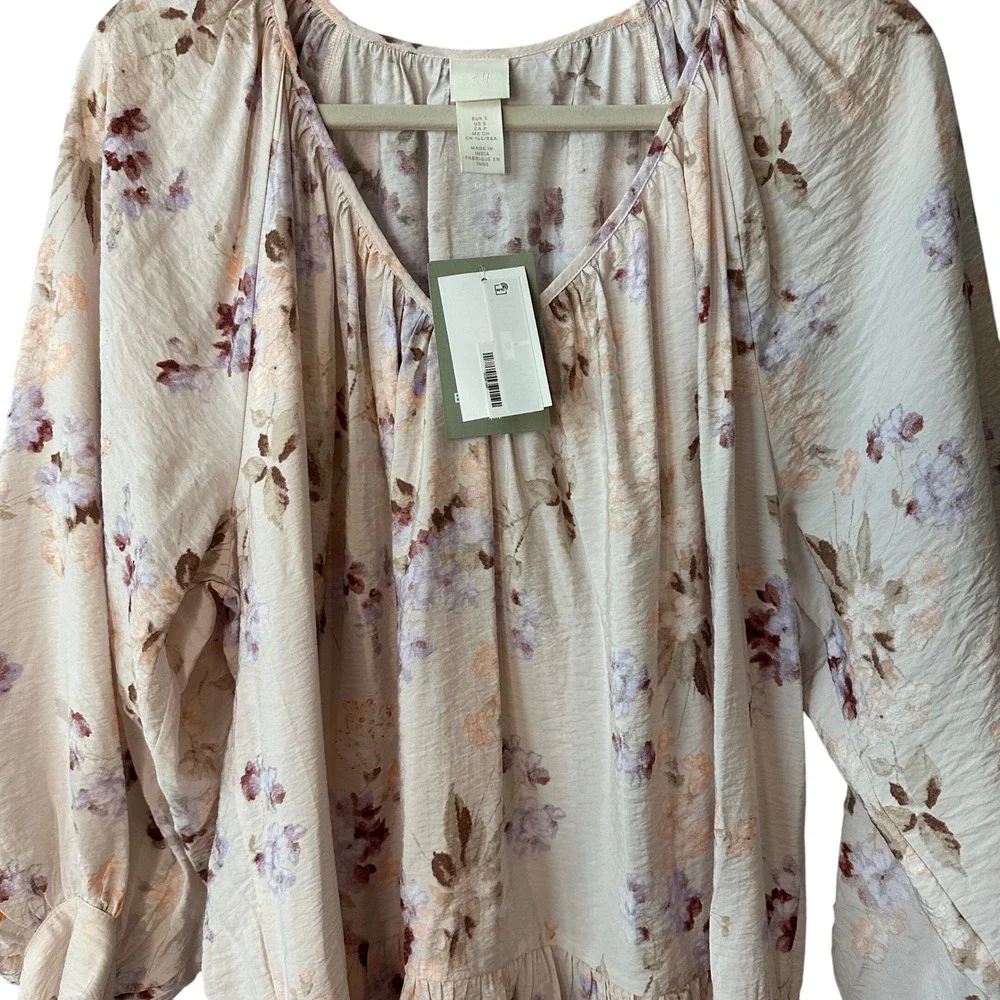 H&M Floral Print Mini Dress‎ Long Sleeve Tiered Hem V Neck Beige Size S